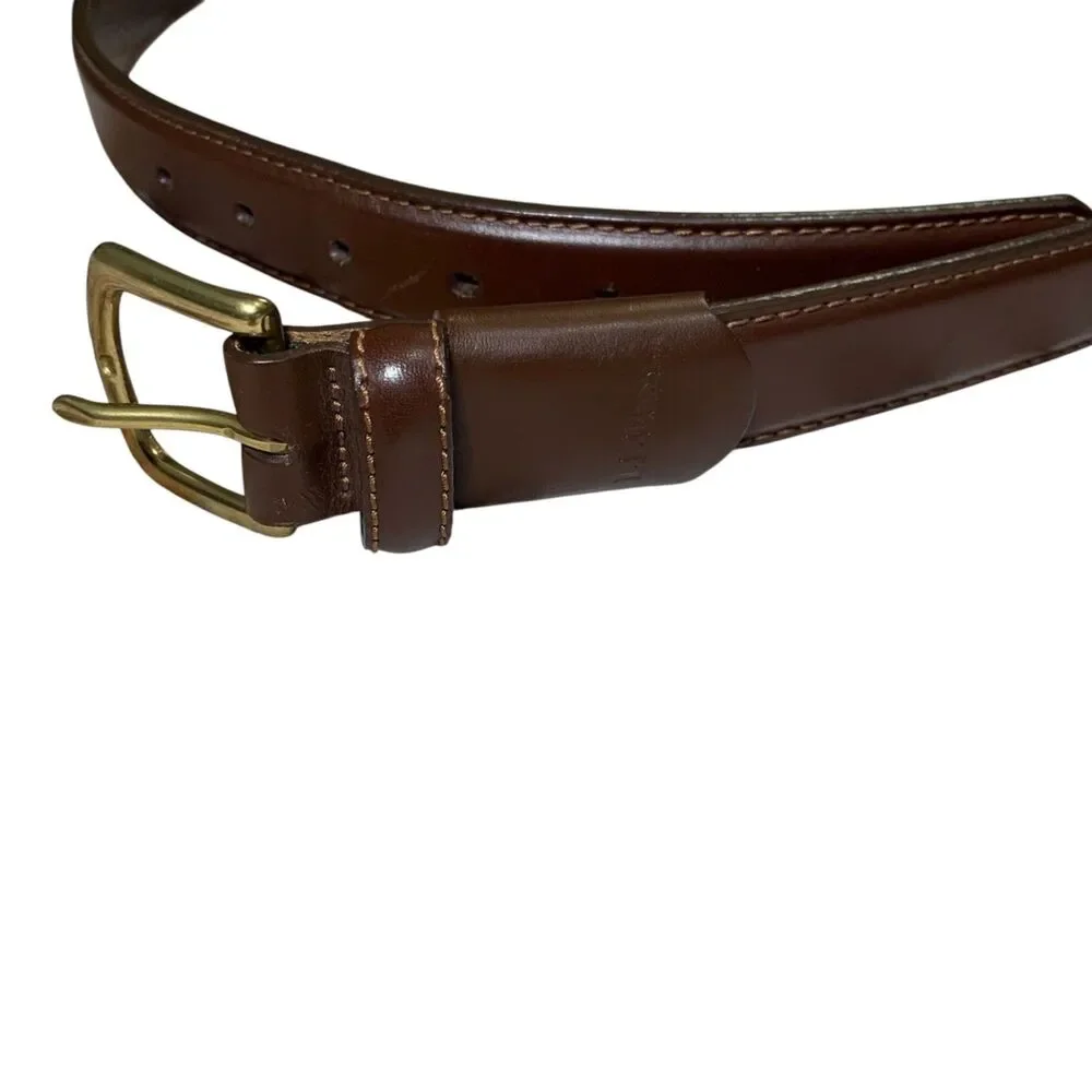 LL Bean Mens Brown Leather Belt 38 Made in USA Brass Belt Buckle Preppy Casual